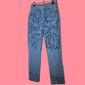 Shein Womens straight wide leg jeans graffiti print size medium cotton blend mid